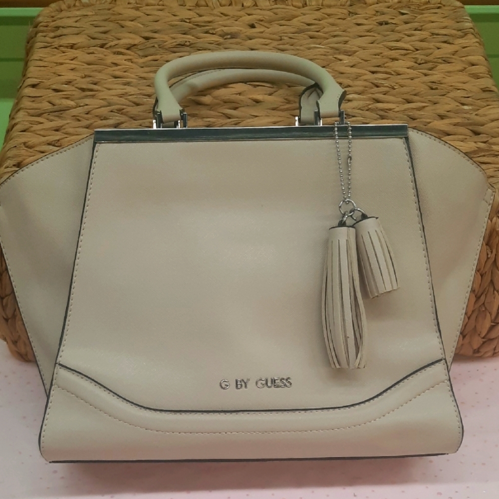 G by Guess Cream Satchel with Winged Sides and Tassel Charm